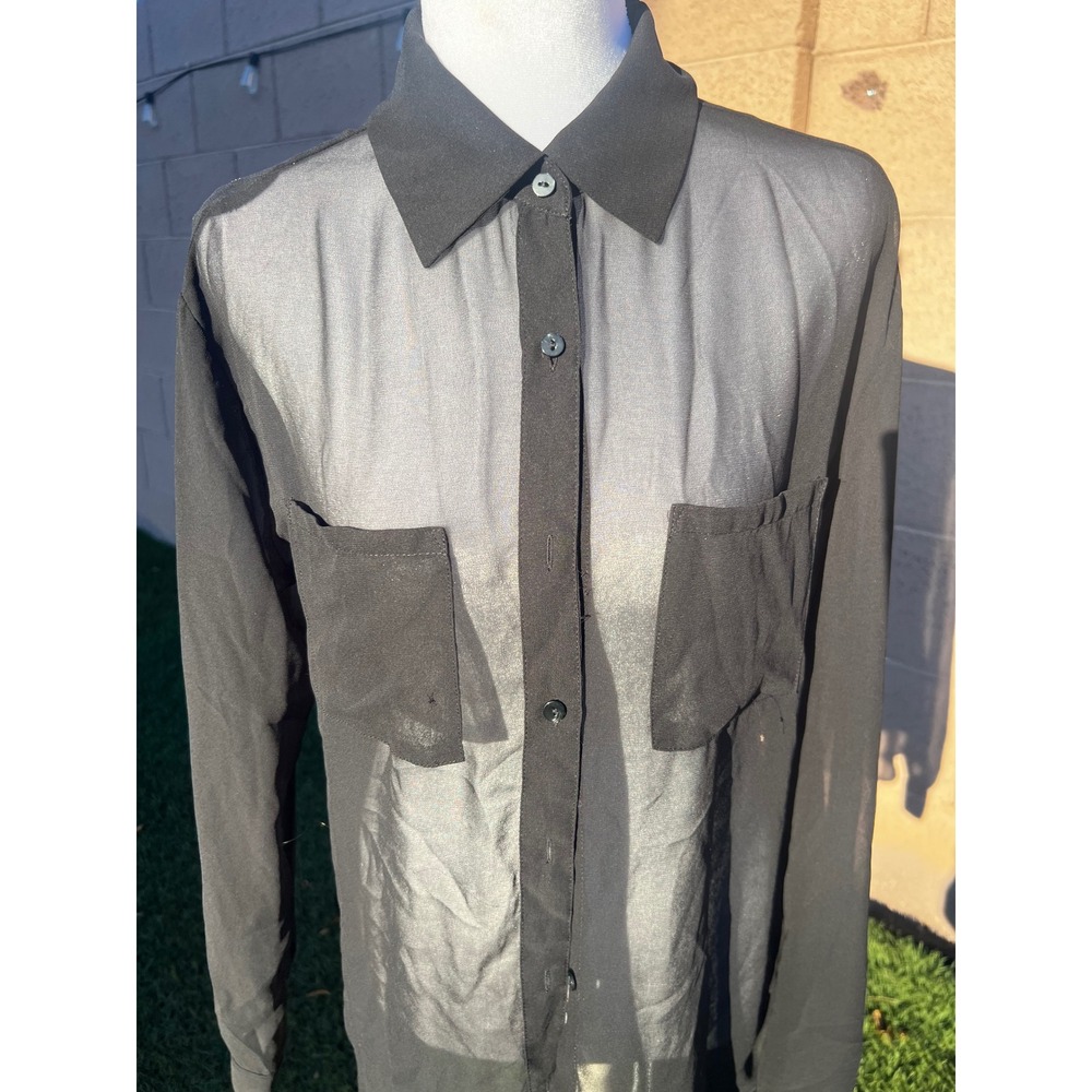 Decree Womens Black Sheer Button Down Blouse Long Sleeve Pocket Shirt Medium